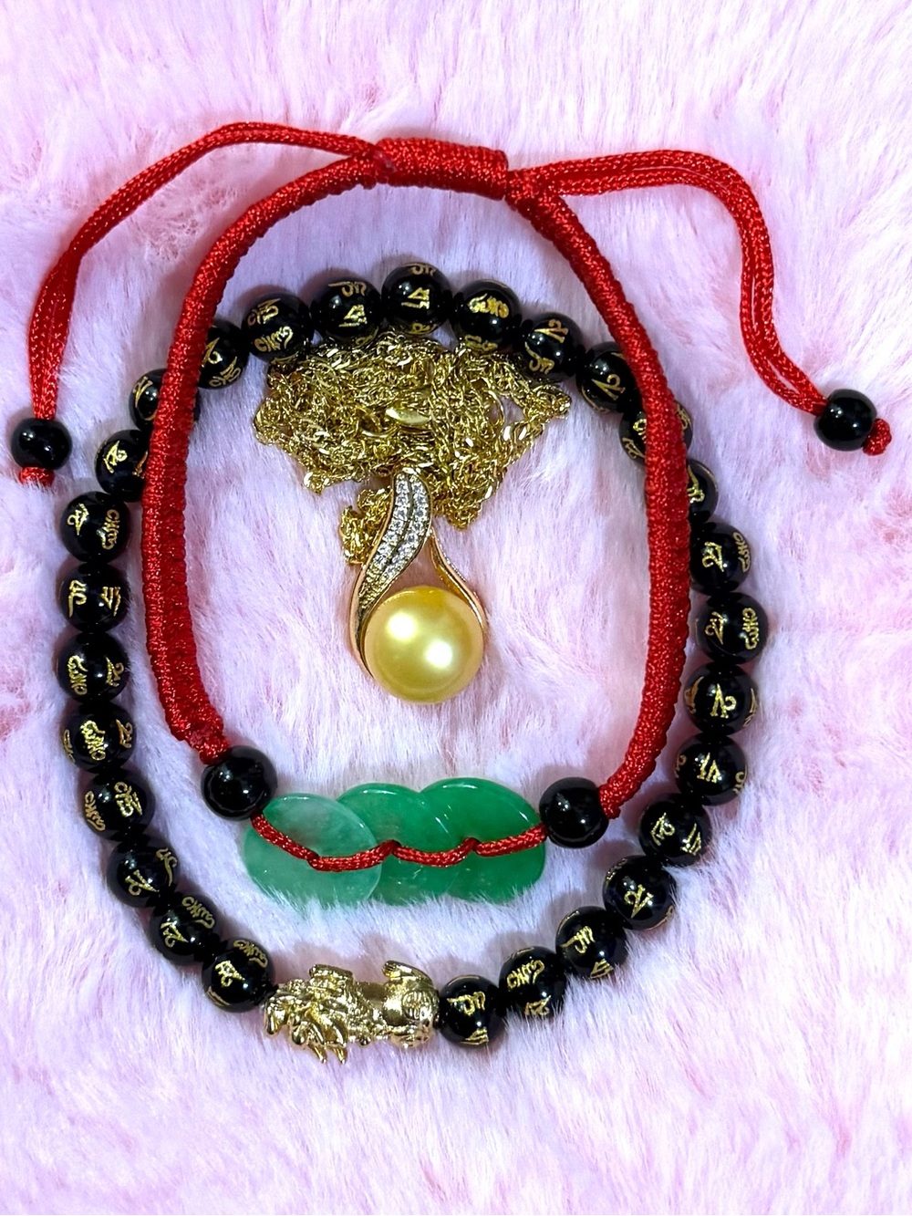 Natural South Sea Cultured Pearl Necklace & 24K Gold Plated Dragon Onxy Bracelet